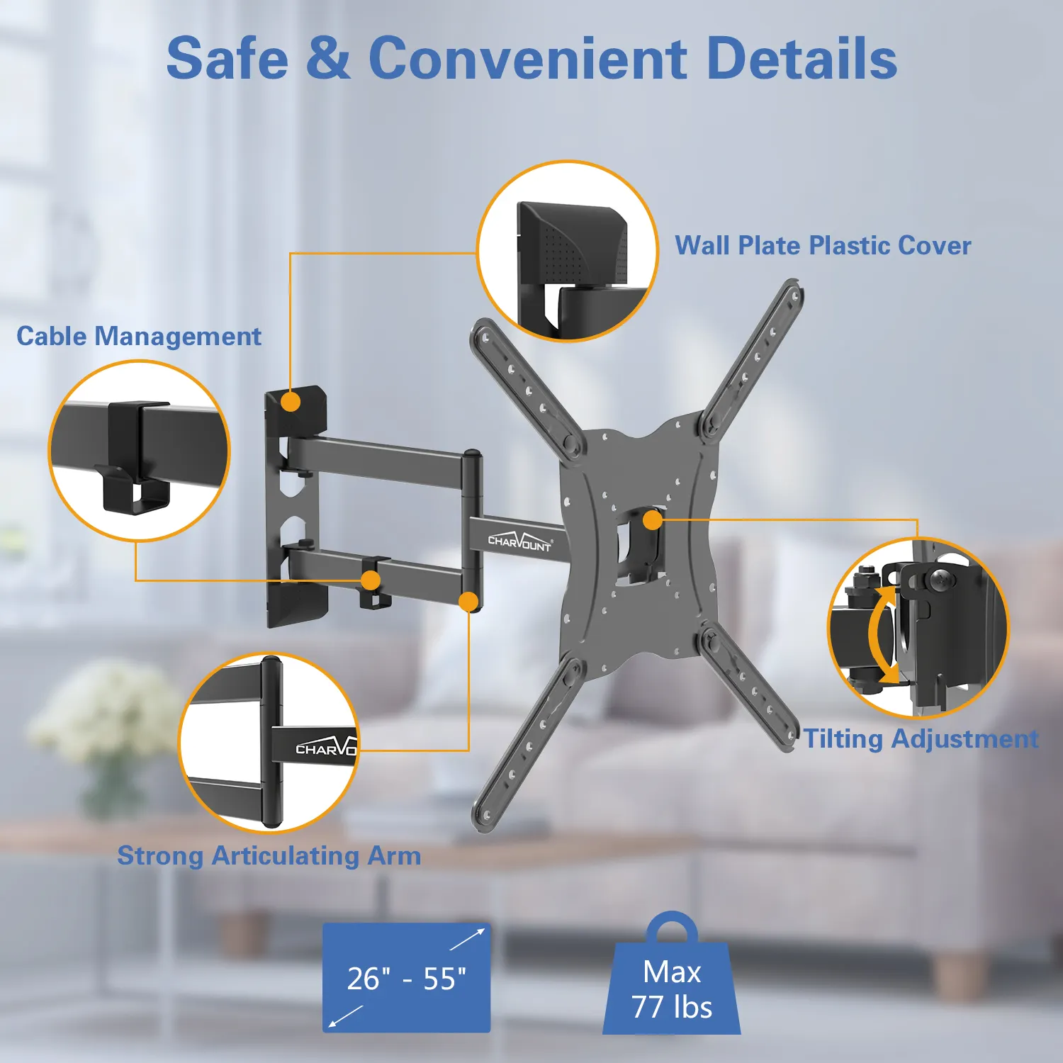 CHARMOUNT MAX VESA 400*400mm Soporte de TV inclinable giratorio Soporte de TV LCD Soporte de TV Invision de movimiento completo para Sony Philips Skyworth