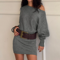 Robe moulante mini en maille grise asymétrique à une épaule pour femme, sexy, à manches longues, pour l'automne