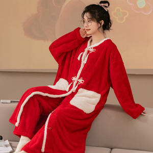 Style chinois corail velours Robe femmes automne hiver long pyjamas fête maison costume avec rembourré chaud grand rouge vêtements de nuit pour femmes - Product Image 2