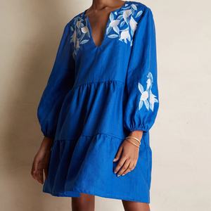 Elegante Vestido de Lino y Algodón con Cuello en V, Casual, Bordado, de Manga Corta, Mini Vestido de Verano para Mujer - Product Image 1