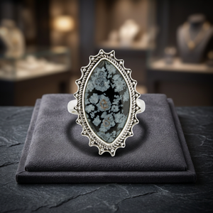 Bague en obsidienne flocon de neige sertie de pierres précieuses, en argent sterling 925, faite à la main, personnalisable, pour fiançailles, mariage, fête - Product Image 3
