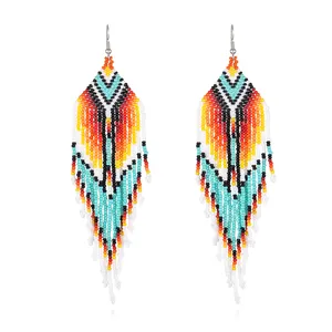 Handmade Colorful Rice Beads Chandelier Earrings With Tassel Jewelry For Women And Girls