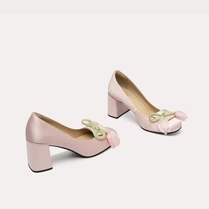 Zapatos de Novia de Lujo para Mujer, Zapatos de Tacón con Lazo Rosa, Sandalias de Tacón con Punta Puntiaguda, Zapatos Planos con Punta Descubierta para Damas, Zapatos de Boda - Product Image 4