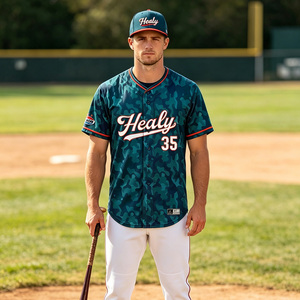 Maillot de baseball personnalisé pour homme, sublimation camouflage bleu, logo Healy brodé, numéro, boutons, manches courtes, uniforme sportif d'équipe - Product Image 6