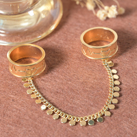 18K Vergoldeter Herzschlag-Gravur Ring mit Zwei Verbundenen Ringen und Pailletten-Kette, Doppelband-Ring für Frauen, Paar-Liebesversprechen