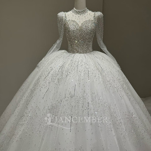 Lscm101 Elegant Silver Beaded Bridal Gown Illusion Long Sleeve Sparkly Tulle Ball Gown Princess <b>Wedding</b> Dress Jancember - Product Image 2