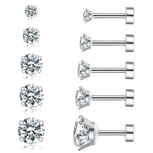 Venta caliente de acero inoxidable plata Cubic Zirconia Stud pendientes joyería 316L hipoalergénico Acero quirúrgico Piercing pendientes