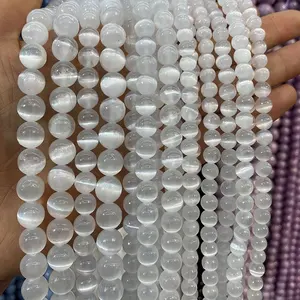 Semi-precious Natural stone AA Quality White Selenite Clear Cat Eye Gypsum Stone Round Loose Beads 15" 4 6 8 10 MM For Jewelry
