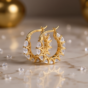 Pendientes de Aro de Oro Lujosos con Cristales de Estrás, Diseño Geométrico para Mujer, Uso Diario, Estilo Lujoso con Baño de Oro de 18K - Product Image 2