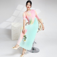 Robe midi plissée dégradé arc-en-ciel - Manches mi-longues, design ombré coloré, robe élégante pour femme, idéale pour Noël