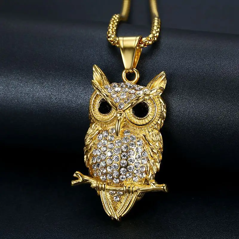 Mode Nieuwe Iced Out Vogel Hangers Kettingen Rock Crystal Hip Hop Rapper Mannen Roestvrij Staal Goud Dier Uil Ketting Sieraden