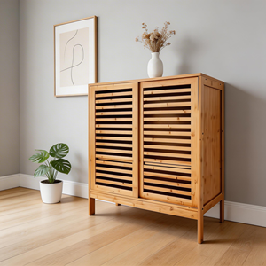 Four-Tier Modern Bamboo <strong>Shoe</strong> <strong>Rack</strong> Saves Space Sliding <strong>Doors</strong> Multifunction Design Living Room Bathroom Entrance Corridors Storage - Product Image 2
