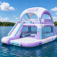 Isla Flotante Inflable Portátil con Tobogán y Toldo, Estructura Resistente para Reuniones Grupales en la Piscina