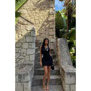 Robe mini élégante noire avec col carré, volants et fermeture éclair, style modeste, robe de soirée ou de club, taille XS - Product Image 3