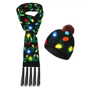 Hot sell New Year girls idea gift winter warm knitted beanie and scarf set with led lights