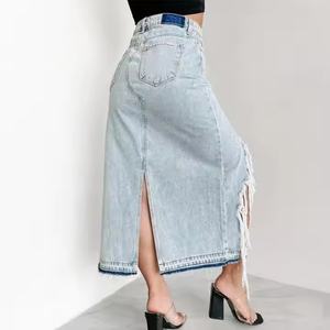 Jupe en jean pour femme, prix de gros, simple, droite, 100% coton, vintage, délavée à l'acide, longue, effet usé - Product Image 2