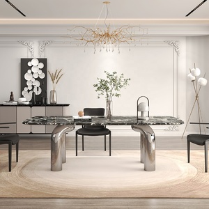 Table à Dîner Rectangulaire en Bois Massif à Hauteur Standard ou Table Fixe à Dîner en Marbre Onyx avec Pieds en Double Arc - Product Image 2