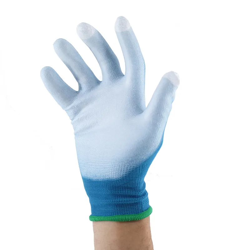 15G ekran dokunmatik mavi naylon beyaz naylon koruyucu eldiven PU parmak eldiven