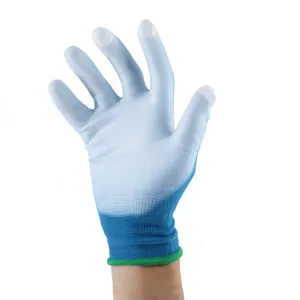 15G pantalla táctil azul Nylon blanco Nylon guantes de seguridad PU dedo guante