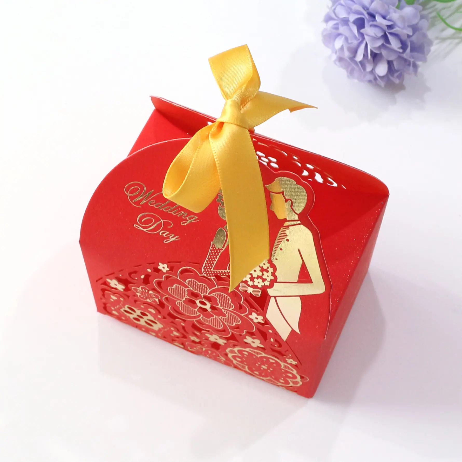 Toptan içi boş kırmızı çiçek şerit çikolata ambalajı kutusu düğün davetiyesi hediye şeker kutuları