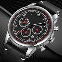 Montre à quartz simple pour homme UMS en acier inoxydable, bracelet en cuir rond de 42 mm, chiffres arabes, trois aiguilles, six aiguilles, multifonction