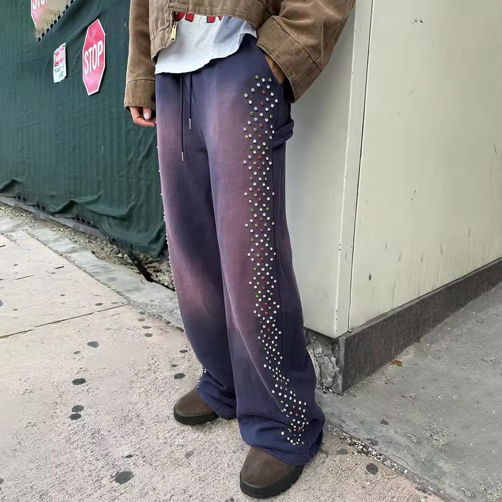 Özel Joggers pamuk Baggy Sweatpants erkek sıkıntılı güneş soluk asit yıkama Vintage Rhinestone parça ter pantolon