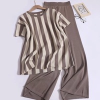 Conjunto de Dos Piezas de Punto para Mujer, Estilo Casual, Simple, a Rayas, con Abertura Lateral, para Verano, Otoño e Invierno