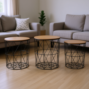 Modern Black Metal Coffee <b>Table</b> Set Of 3 <b>Nesting</b> With Wood Top Minimalist Living Room Furniture - Product Image 2