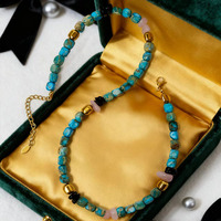 Collier rustique en pierre turquoise, collier ajustable en perles turquoise avec quartz rose et perles noires, idéal pour le bureau