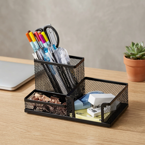 Metal Desk Organizer Square Pen Holder With Mesh Compartment Storage <b>Tray</b> For Office Supplies And Stationery Items - Product Image 4