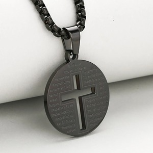 Collar con colgante redondo de cruz hueca de acero inoxidable para hombres y mujeres, en plata, oro y negro, con versículo bíblico, moneda de oración, amuletos, joyería, regalo. - Product Image 6