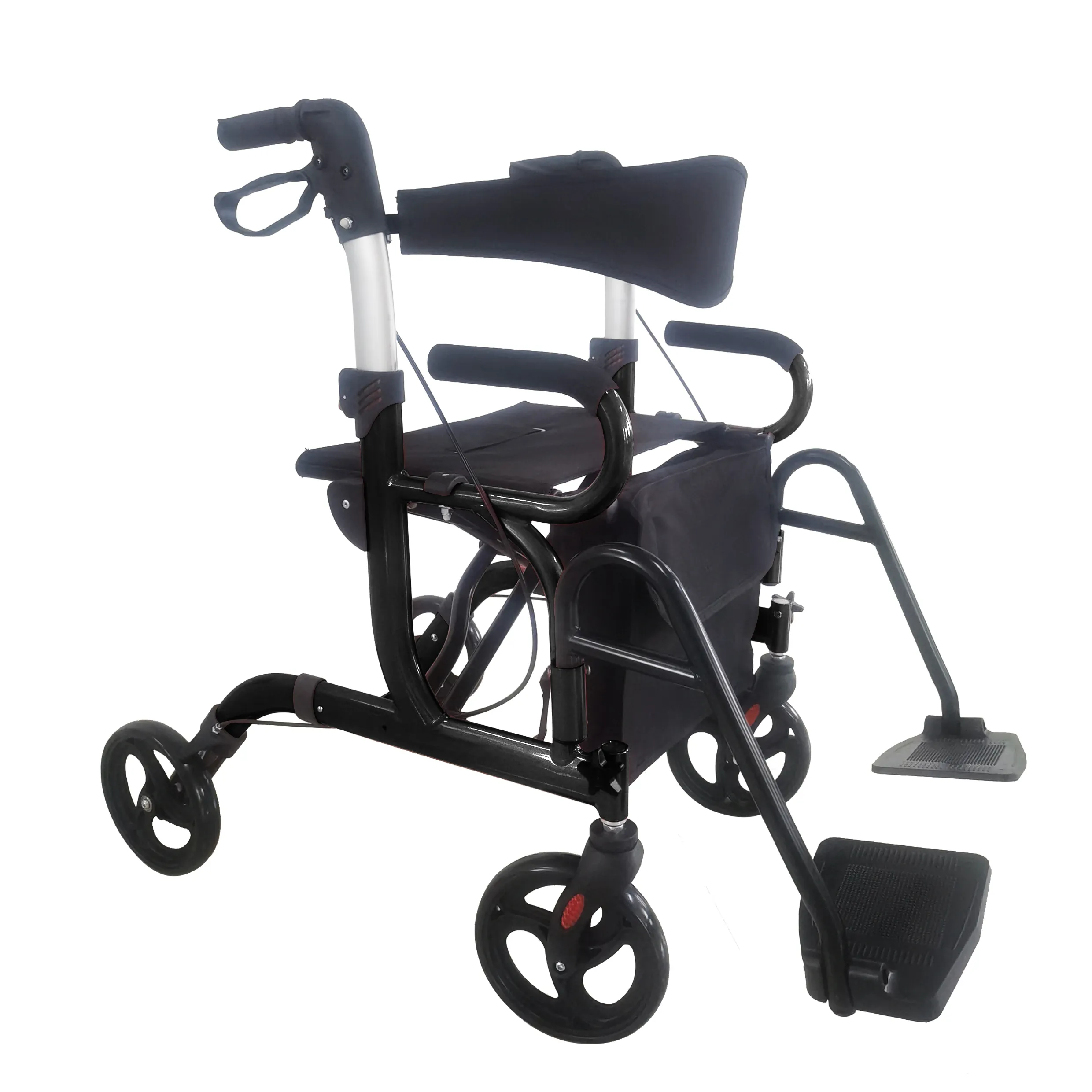 Cadeira de transporte rollator moderna, cadeira 2 em um rolador leve de alumínio com encosto reversível e dobrável