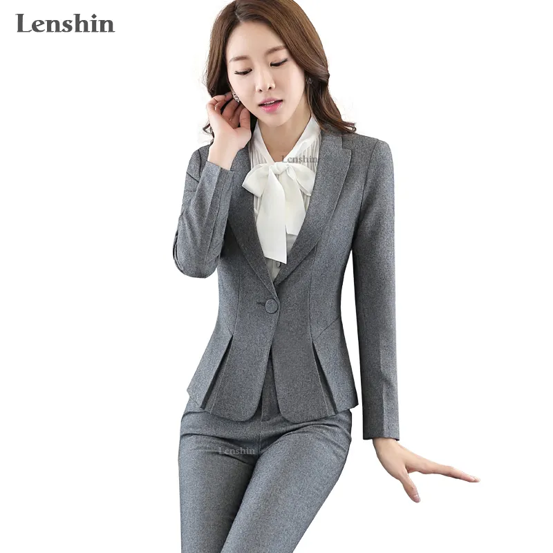 Conjunto de 2 piezas OEM para mujer, trajes de negocios formales para oficina, uniforme de diseño para mujer, traje de pantalón gris, ropa de trabajo, Blazer, pantalones, venta al por mayor