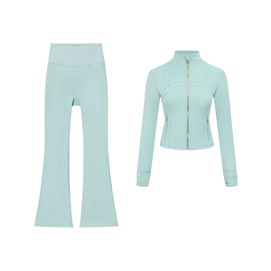 <span class=keywords><strong>2</strong></span> 件套女式瑜伽服立领金色拉链夹克喇叭裤修身透气运动服户外运动服 - Product Image 3