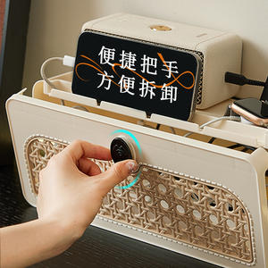 Organizador de cables rectangular de ratán color crema blanco, tipo vertical, con asa para uso en escritorio. - Product Image 1