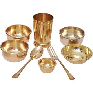 Ensemble de vaisselle en laiton indien traditionnel magnifiquement fabriqué à la main 16 pièces Thali assiette bols verres cuillère vaisselle cadeau - Product Image 5
