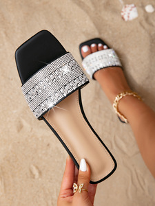 Slippers, Women's <b>Sandals</b>, Summer Outerwear, Straight Drag Rhinestone White Flat Shoes, square Toe Flat Shoes - Product Image 6