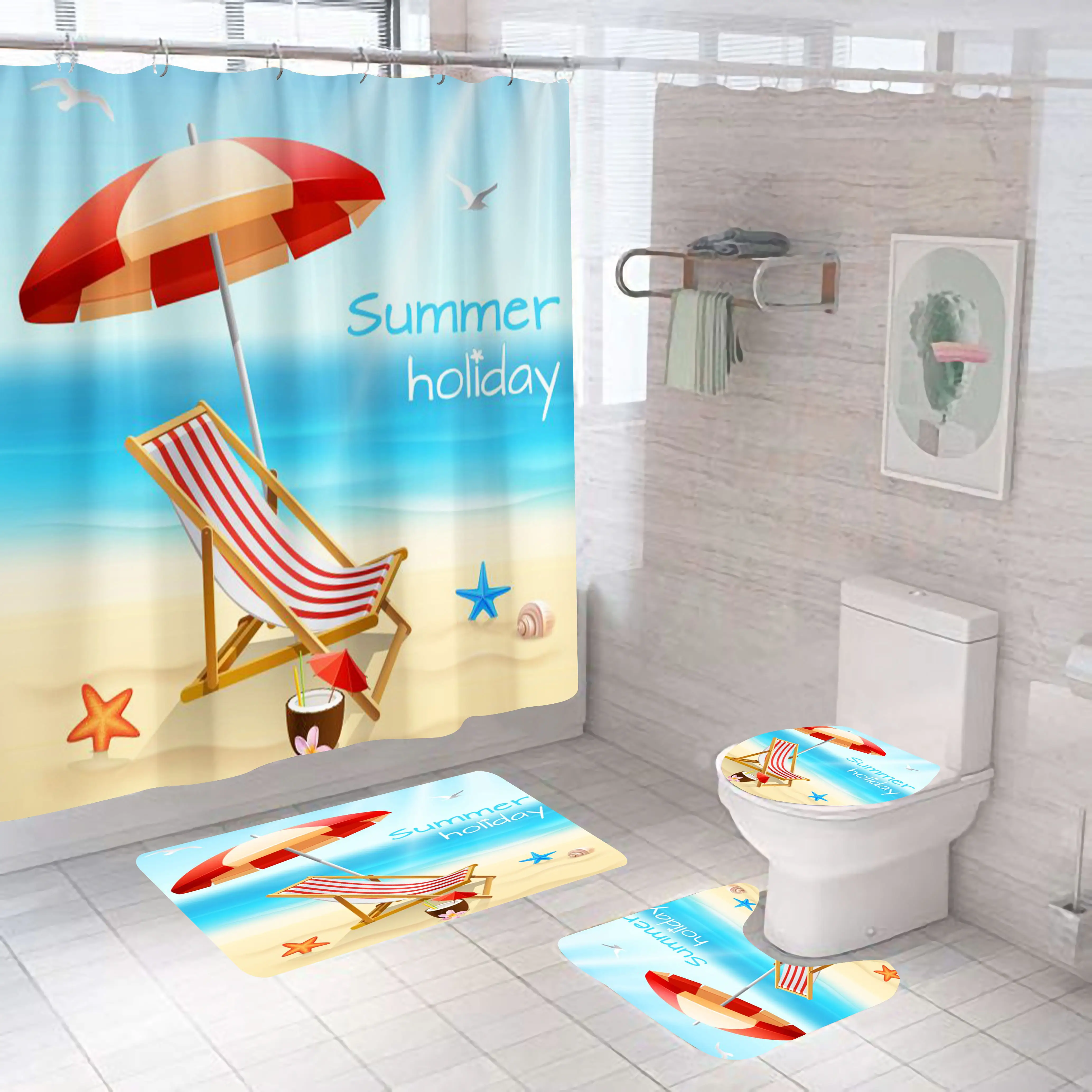 Tenda da bagno reclinabile da spiaggia estiva in tessuto di poliestere impermeabile decorazione da bagno set di tende da doccia con 12 ganci