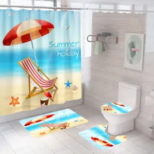 サマーシービーチリクライニングバスルームカーテン防水ポリエステル生地バスデコレーションシャワーカーテンセット12フック付き