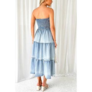 Robe pour femme sur mesure OEM de haute qualité, en tissu denim décontracté, sans bretelles, sans manches, avec smocks et volants superposés, design tendance - Product Image 3