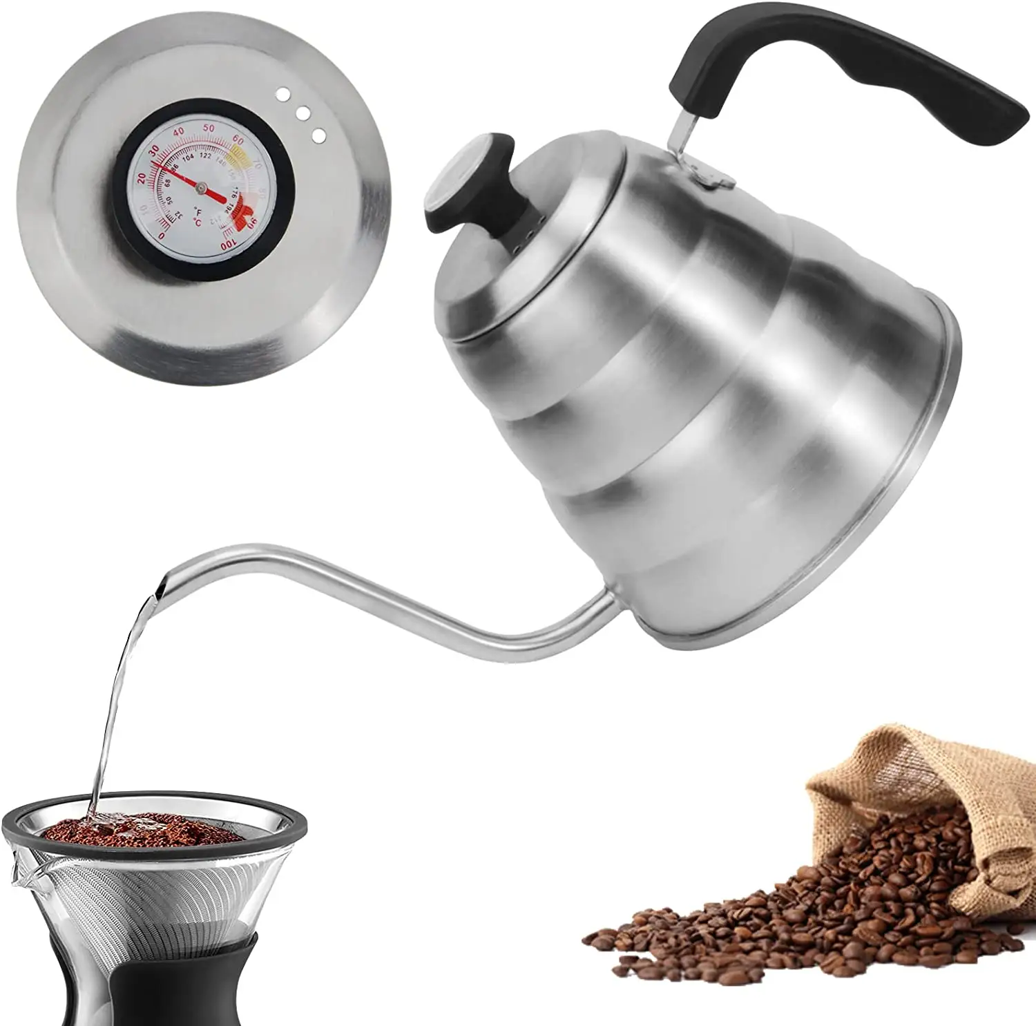 QZQ Plastic Ergonomic Handle Thermometer Pour Over Drip Pot Stainless Steel Kitchen Tea Coffee Gooseneck Kettle