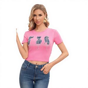 Comodo7 Top Corto de Punto de Verano de Alta Calidad con Estampado de Letras y Corazones de Diamantes de Imitación para Mujer - Product Image 1