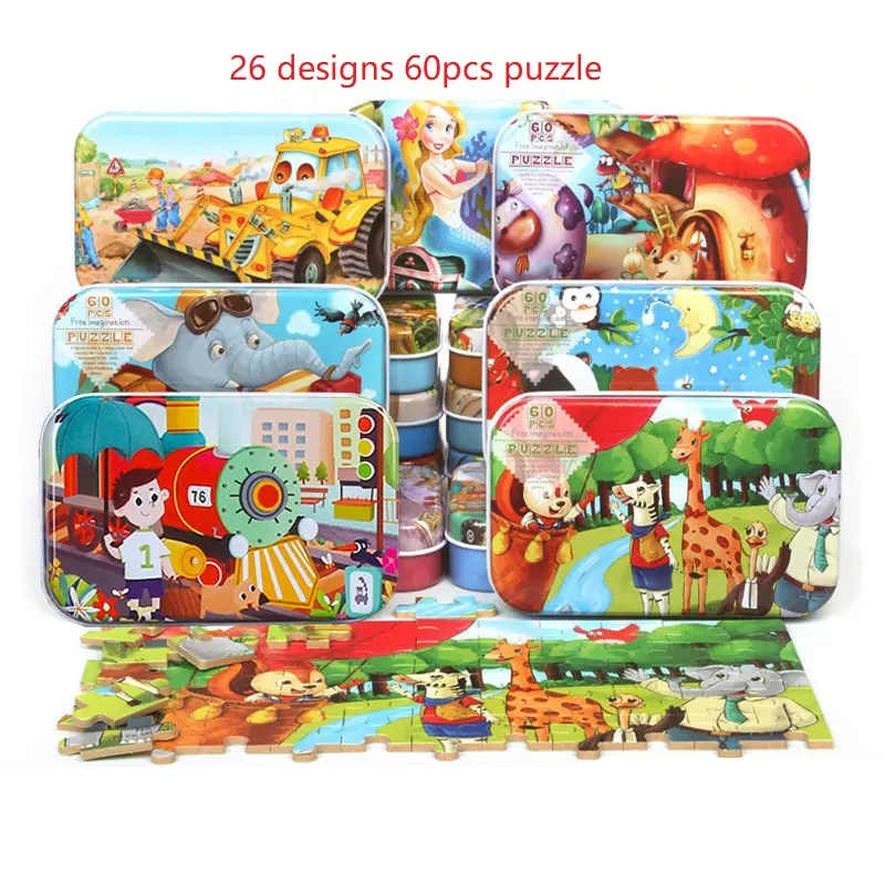 60 pz puzzle in legno scatola di metallo per bambini Puzzle educativo scatola di ferro per educazione precoce giocattoli in legno