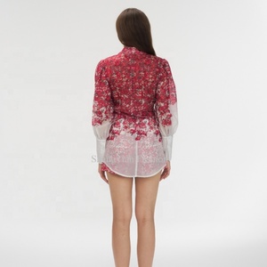 Fabricante de Ropa, Traje de Mujer Personalizado con Estampado Floral, Blusa de Chifón Ligero de Manga Larga, Pantalones Cortos Holgados - Product Image 3