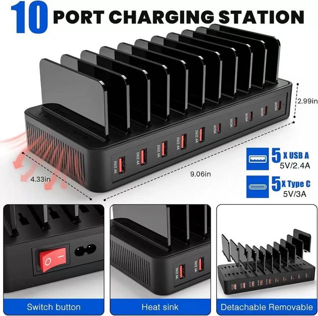 Multi Device10 Port Multi-port Charger with PD/QC Fast Charging, USB-C Smart Desktop Storage Charging Head with Stand
