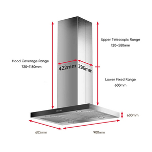<span class=keywords><strong>Hotte</strong></span> de cuisine îlot en acier inoxydable 90 cm à commande tactile, avec cheminée extensible double face, extracteur de fumée pour usage domestique - Product Image 2