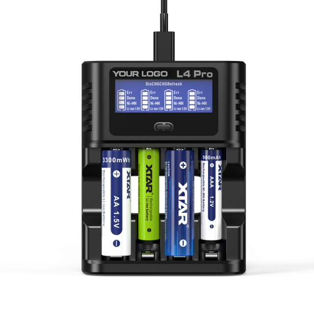 Factory OEM Logo 4-Slots 1.5V Li-ion 1.2V NI-MH AA AAA Battery Charger with LCD Indicator for Cylindrical Lithium Ion Batteries