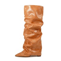Bottes longues pour femmes, style pantalon ample, à bout pointu, froncées, à enfiler, à talon bloc très haut, grandes tailles, type bottes de chevalier, fabrication ODM OEM
