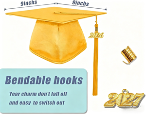 Ensemble toque et robe de graduation dorés brillants avec pompon et breloque Année 2026 pour la remise des diplômes du collège et du lycée - Product Image 2