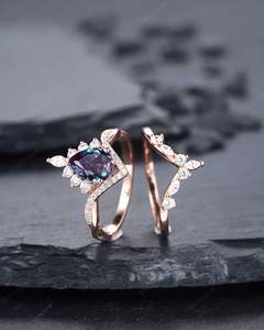 Anillo de Compromiso y Boda de Plata de Ley 925, Estilo Clásico, Corte Pera, Alejandrita, Chapado en Oro de 14K, Engaste de Garras, Certificado - Product Image 4